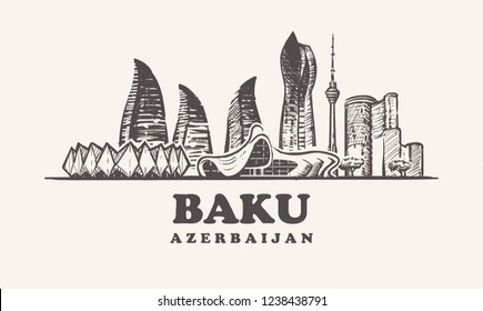 Baku skyline,Azerbaijan vintage vector illustration, hand drawn buildings of Baku on white background.