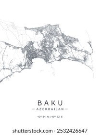 Mapa vetorial de Baku. Mapa detalhado de Baku cidade no Azerbaijão. Melhor ilustração de vetor livre. Mapa com rodovias e ruas. Mapa de rua decorativo turístico.