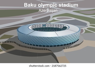 Baku,Azerbaijan - 08-08-2022:Baku Olympic Stadium Or Baku National Stadium Vector Illustration Poster Design. Vintage,retro,travel Poster Design Of Stadium In Cartoon Style. Football Stadium Vector.