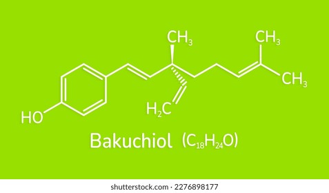 Bakuchiol chemical formula vector illustration. Meroterpene skeletal structure on a green backdrop. A natural alternative to retinol molecule image and text for medical, cosmetic, scientific designs