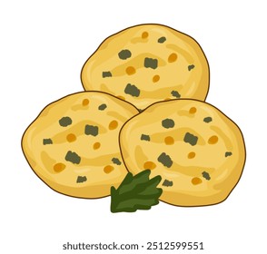 Bakwan goreng, bocadillo indonesio frito con cebollas verdes y rodajas de zanahoria ilustración de icono de comida de color delineado aislado sobre fondo blanco cuadrado. Simple dibujo de dibujos animados de estilo plano.