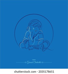 Bal Ganesha Line Drawing Illustration With Blue Background