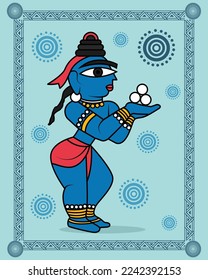 Bal shree krishna in kalighat painting. Krishna mudra in beautiful kalighat art. Vector, illustration, art, Painting, Kalighat Art.