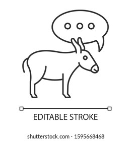 Balaam Donkey Bible story linear icon. Speaking animal and speech cloud. Biblical narrative. Thin line illustration. Contour symbol. Vector isolated outline drawing. Editable stroke