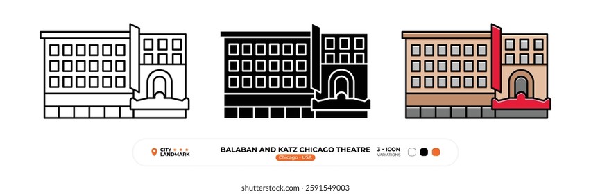 Balaban And Katz Chicago Theatre Line Icon. Chicago USA, Silhouette, Color Symbol, Editable Stroke.