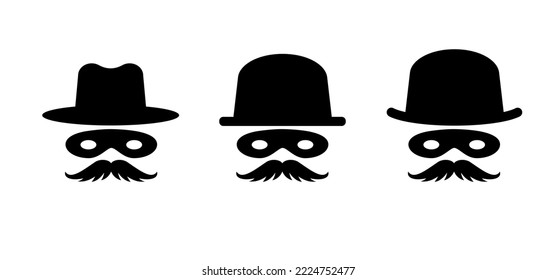 Balaclava. Bank robber and crooks eye mask. Intermediary or unrecognizable person. Cartoon mafia, detective or spy with hat. Man face for incognito, anonymous, strangers. Zorro mask. Bowler hat.