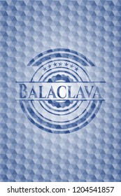Balaclava blue badge with geometric pattern background.