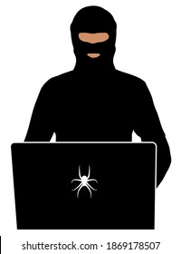 Сriminal in balaclava at computer. Security officer at a laptop. Provocateur in social networks of the Internet. Silhouette vector