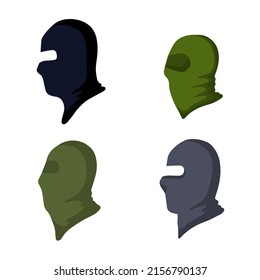 Balaclava for disguise. Green Protective mask of military and a robber. Set of Soldier Head flat icon