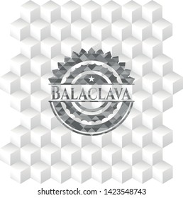 Balaclava realistic grey emblem with geometric cube white background