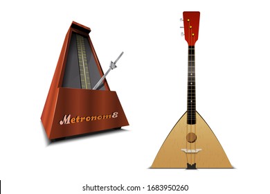 Balalaika music instrument. Retro folk musical guitar. Stringed tool.
Metronome with pendulum. Vintage wooden style. Equipment of music and beat mechanism. Vector Illustration.