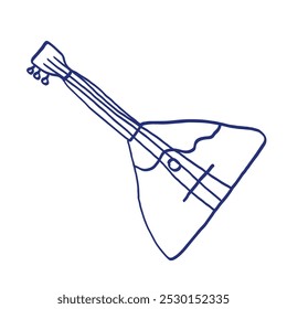 Balalaika. Musical stringed instrument. Hand drawn sketch. Blue pen or marker drawing. Primitive kids picture.