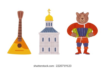 Balalaika, Orthodox Church and Bear Playing Accordion as Russian Symbol Vector Set