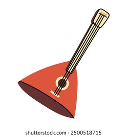 Balalaika es de madera marrón en un estilo plano. Un instrumento musical folk de cuerda con forma triangular. Instrumento musical. Ilustración vectorial plana resaltada sobre un fondo blanco