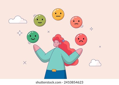 Balance of anxiety and happiness concept. Emotional intelligence, control feeling or emotion, psychology to be success, cheerful woman balance on smiling face juggling expression emotional faces.