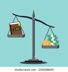 Balance balancing money and the book of law, concept of injustice and corruption, money and law balance vector	
