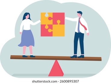 Balance of benefits. Two businesswomen connect puzzle on seesaw vector

