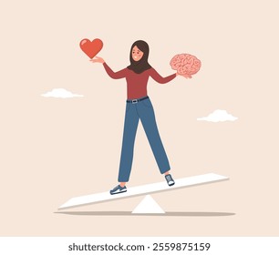 Balance between Brain and Heart. Control feeling and emotion concept. Islamic Woman tries to balance between instinct or intellect. Vector illustration in flat cartoon style.