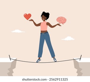 Balance between Brain and Heart. Control feeling and emotion concept. African Woman tries to balance between instinct or intellect. Vector illustration in flat cartoon style.