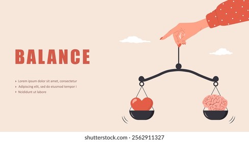 Balance between Brain and Heart. Control feeling and emotion concept. Female hand tries to balance between instinct or intellect. Vector illustration in flat cartoon style.