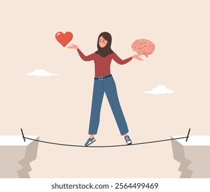 Balance between Brain and Heart. Control feeling and emotion concept. Islamic Woman tries to balance between instinct or intellect. Vector illustration in flat cartoon style.