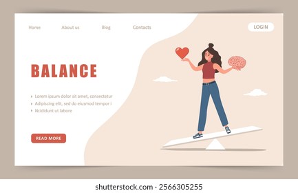 Balance between Brain and Heart. Landing page template. Woman tries to balance between instinct or intellect. Vector illustration in flat cartoon style.