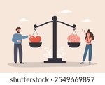 Balance between Brain and Heart. Mental and physical health concept. Man and Woman comparing logic thinking and emotion on scales. Vector illustration in flat cartoon style.