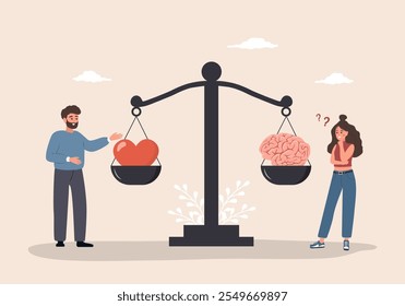 Equilibrio entre cerebro y corazón. Concepto de salud mental y física. Hombre y mujer comparando el pensamiento lógico y la emoción en escalas. Ilustración vectorial en estilo plano de dibujos animados.