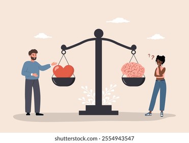 Balance between Brain and Heart. Mental and physical health concept. Man and Woman comparing logic thinking and emotion on scales. Vector illustration in flat cartoon style.