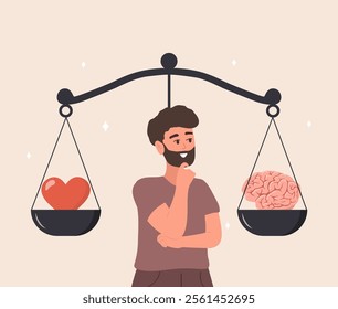 Balance between Brain and Heart. Mental and physical health concept. Man comparing logic thinking and emotion on scales. Vector illustration in flat cartoon style.