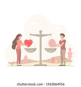 Balance between brain and heart on scales illustration. Vector concept illustration.