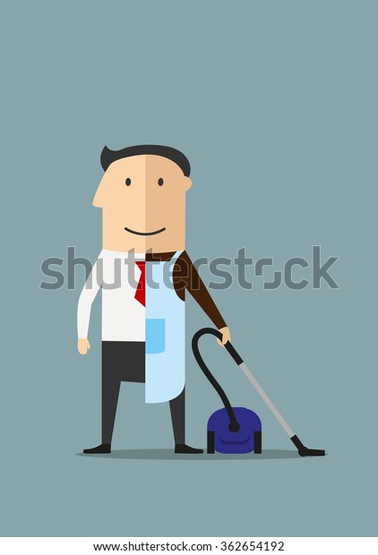 Balance between business and\
personal life concept. Cartoon smiling businessman in suit and\
necktie on the left and in apron with vacuum cleaner on the\
right