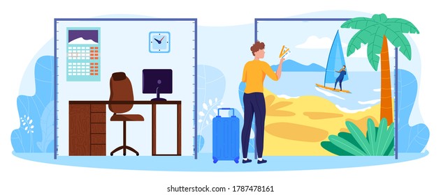 Balance Between Business Work And Rest Concept Vector Illustration. Cartoon Businessman Holding Air Plane Tickets, Dreaming About Tropical Island Resting Vacation, Worklife Balance Isolated On White