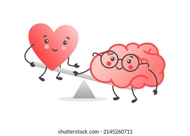 Balance between cute heart and brain on scale. Mind and feeling harmony сoncept. Vector illustration in flat style for banner, poster, card