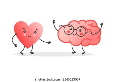 Balance between cute heart and brain on scale. Mind and feeling harmony сoncept. Vector illustration in flat style for banner, poster, card