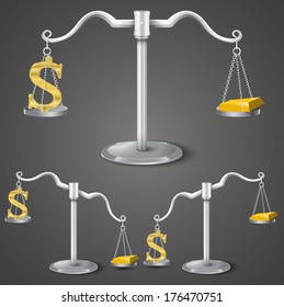 Balance between dollar and gold. Vector illustration
