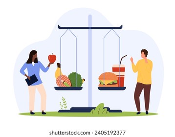 Balance between good and bad junk food, nutrition comparison and diet choice. Tiny people weigh fastfood and healthy food on scales, choose balanced diet for health cartoon vector illustration