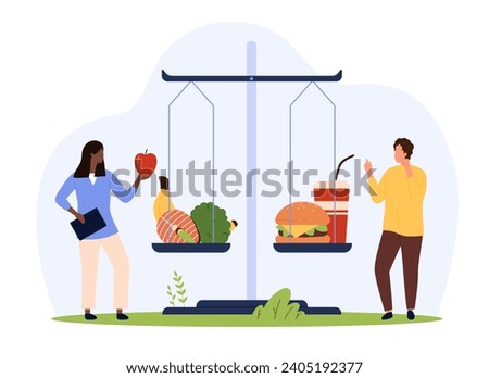 Balance between good and bad junk food, nutrition comparison and diet choice. Tiny people weigh fastfood and healthy food on scales, choose balanced diet for health cartoon vector illustration