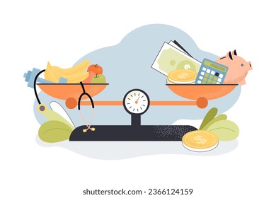 Balance between health care and work vector illustration. Scales with fresh fruits, food, dumbbell, stethoscope and money, piggy bank, calculator. Wellness, finance, healthy lifestyle concept