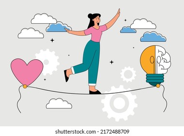 Balance Between Heart And Brain. Comparison Of Logical Thinking And Feelings, Emotions, Love. Girl Walks On Tight Rope. Making Important Decision In Your Own Life. Cartoon Flat Vector Illustration.