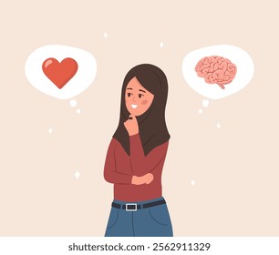 Balance between Heart and Brain. Emotional Intelligence concept. Arab Female character in hijab Choosing between Feelings and Mind. Vector illustration in flat cartoon style.
