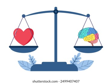 Balance between heart and brain on scale. Logic and emotion. Choosing between Feelings and Mind, Career or Hobby, Love or Work. Making Life Decision.