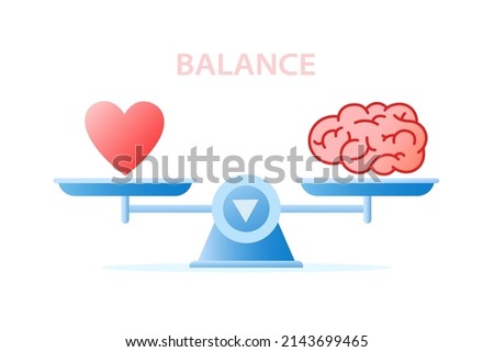Balance between heart and brain on weighing dishes scale. Mind and feeling harmony сoncept. Vector illustration in flat style for banner, poster, card