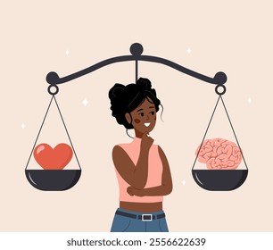 Balance between Heart and Brain. Wellness concept. African Woman looking at scales with love in one side and practical in opposite. Vector illustration in flat cartoon style.