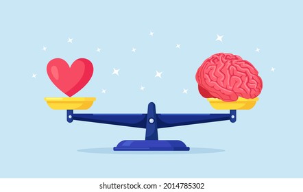 Equilibrio entre el corazón, las emociones, el amor y la inteligencia, el cerebro, la lógica en escalas. Elegir entre Sentimientos y Mente, Carrera o Hobby, Amor o Trabajo. Tomar decisiones sobre la vida. Equilibrio emocional Diseño vectorial