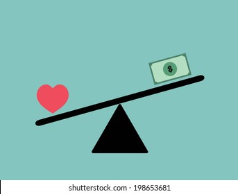 Balance between heart (love) and money vector design / Love is more valuable than money concept vector