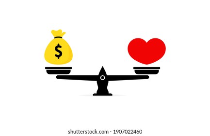 Balance between heart and money. Love is more valuable than money. Vector EPS 10. Isolated on white background