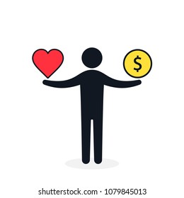 Balance between heart and money. Man balances heart love and money concept. Vector color illustration.