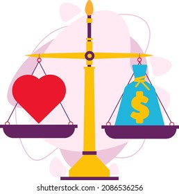 The balance between heart and money. Vector flat illustration. Money and Love balance on the scales.