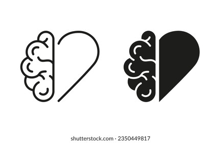 Balance between Human Brain and Heart Symbol Collection on White Background. Emotional Mental Health Line and Silhouette Icon Set. Healthy Rational Mind Pictogram. Isolated Vector Illustration.